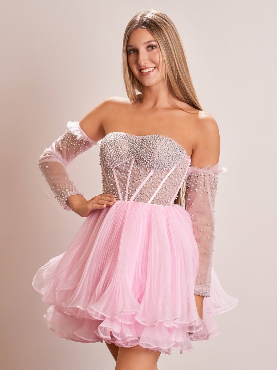Sevoba|A-Line Pink Sweetheart Ruffled Short Homecoming Dress