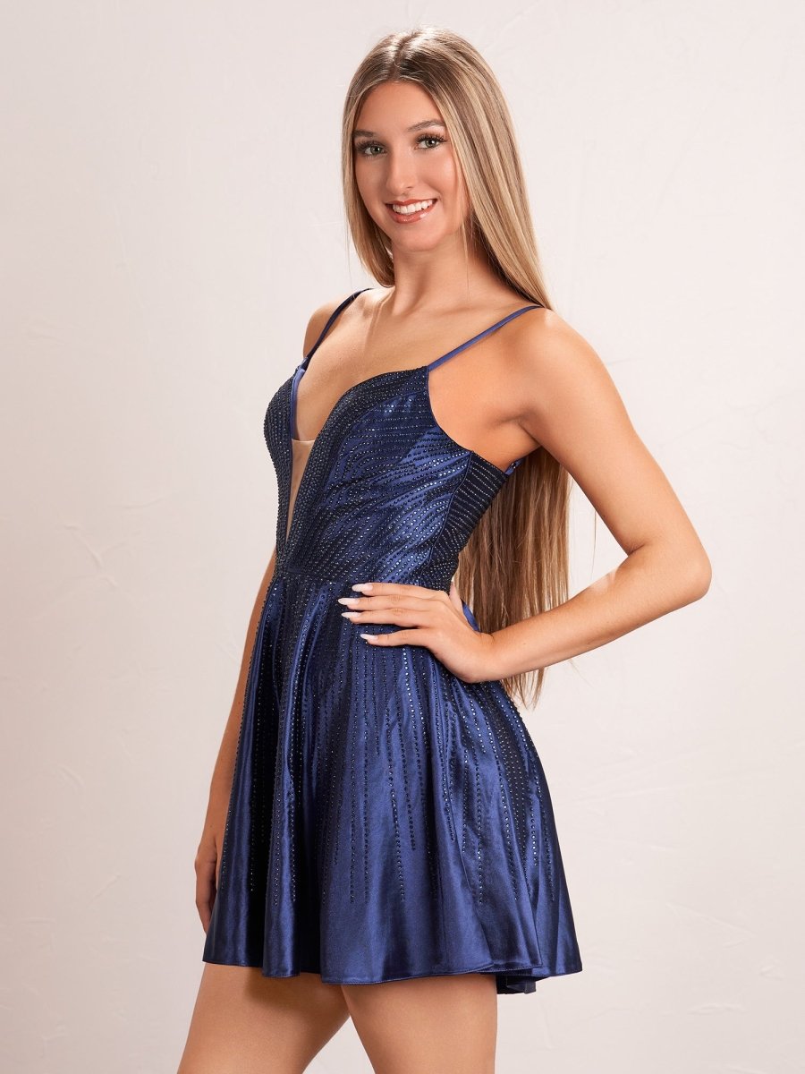 Sevoba|Hot Fix A-line Deep V illusion Short Beaded Homecoming Dress