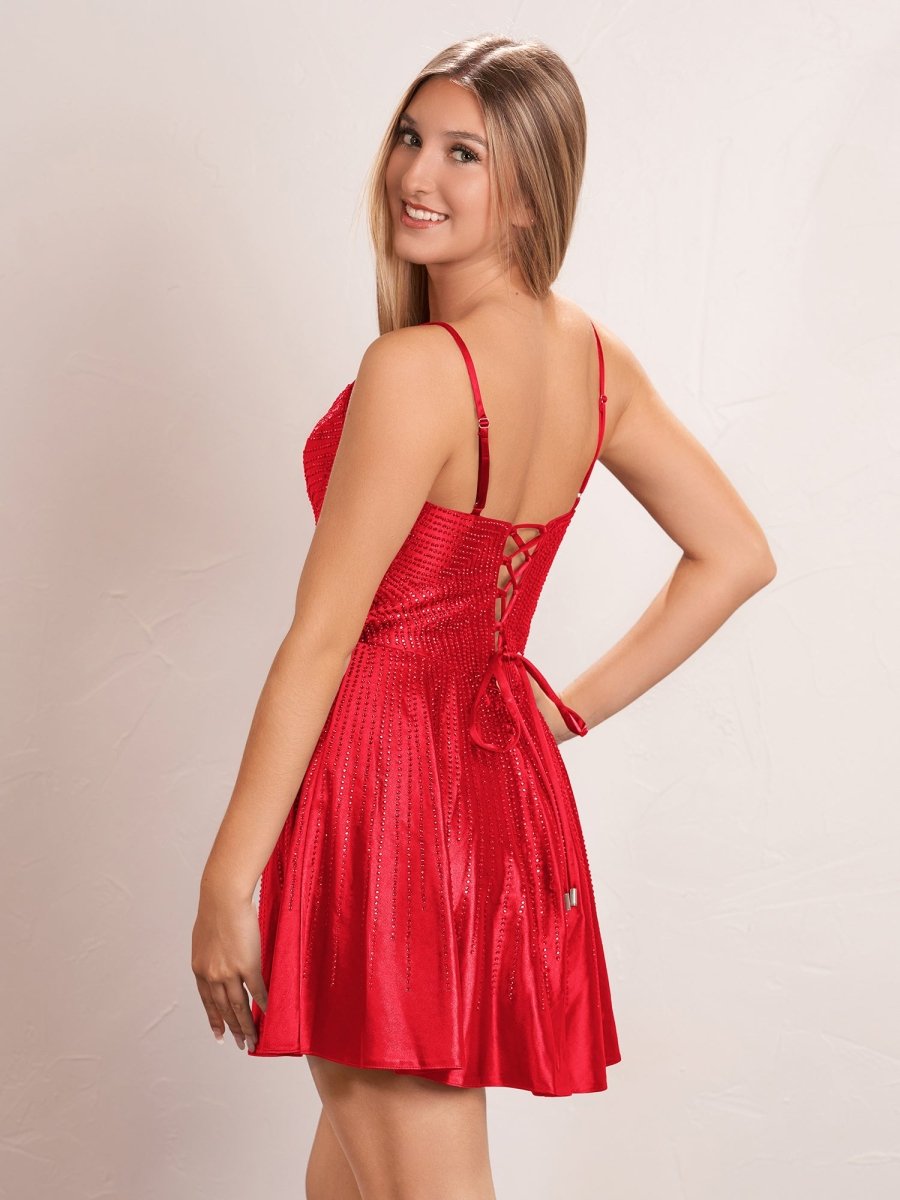 Sevoba|Hot Fix A-line Deep V illusion Short Beaded Homecoming Dress