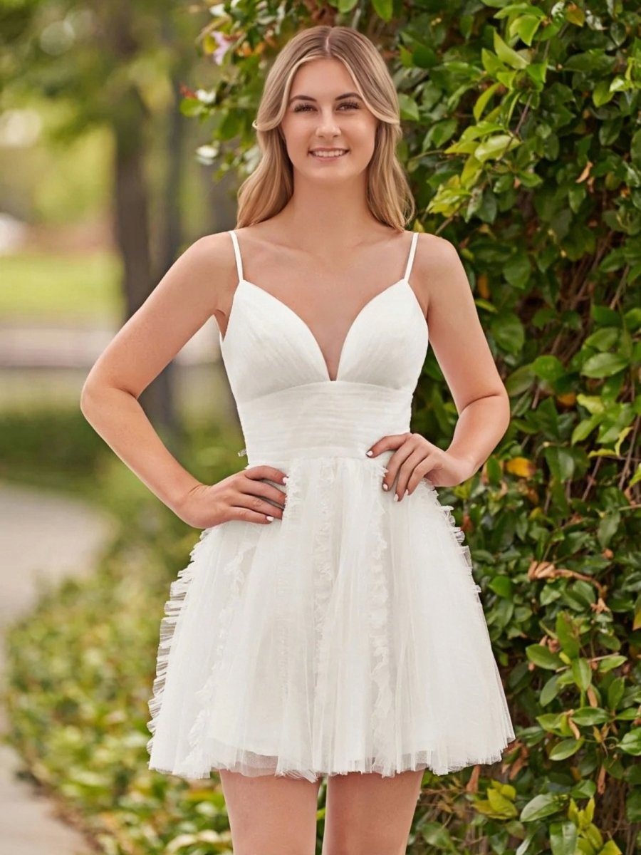 Sevoba|A-Line Deep V Neck Ruched Short Homecoming Dress