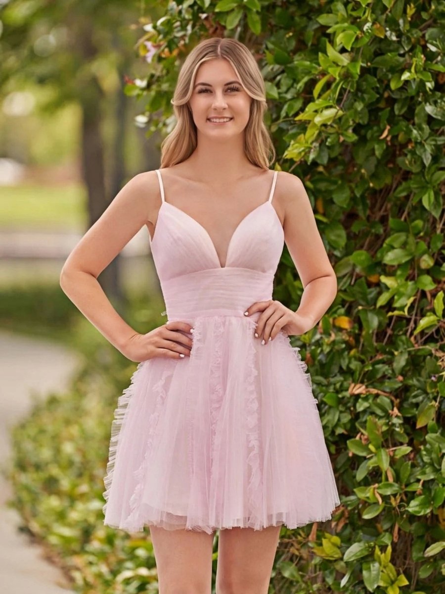 Sevoba|A-Line Deep V Neck Ruched Short Homecoming Dress