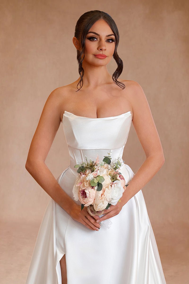 Sevoba|A-Line Strapless White Satin Wedding Dresses with Slit