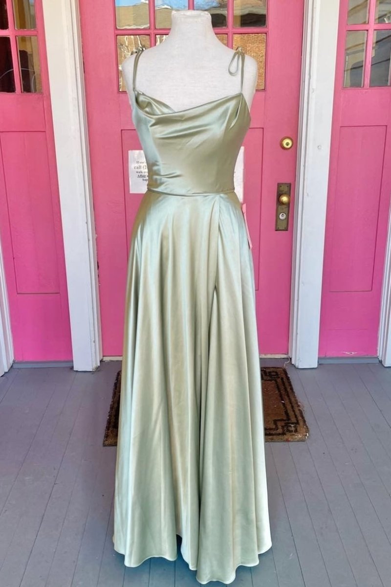 Vienna | Simple Satin Long A-Line Prom Dress Spaghetti Straps Evening Dress