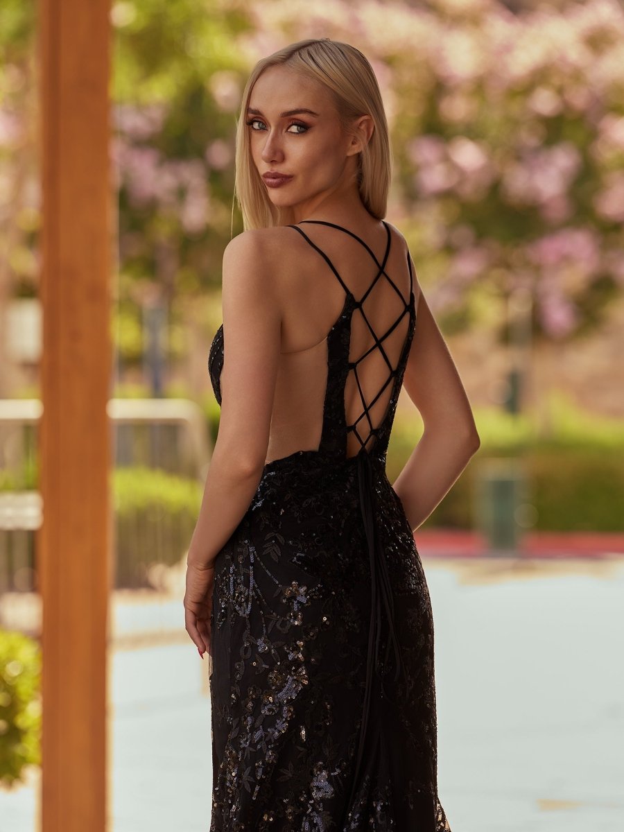 Sevoba|Black Lace Applique High Slit Criss Cross Back Mermaid Prom Dress
