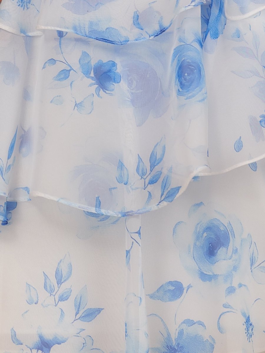 Sevoba|Blue - A Line Strapless Floral Chiffon Homecoming Dress with Beads