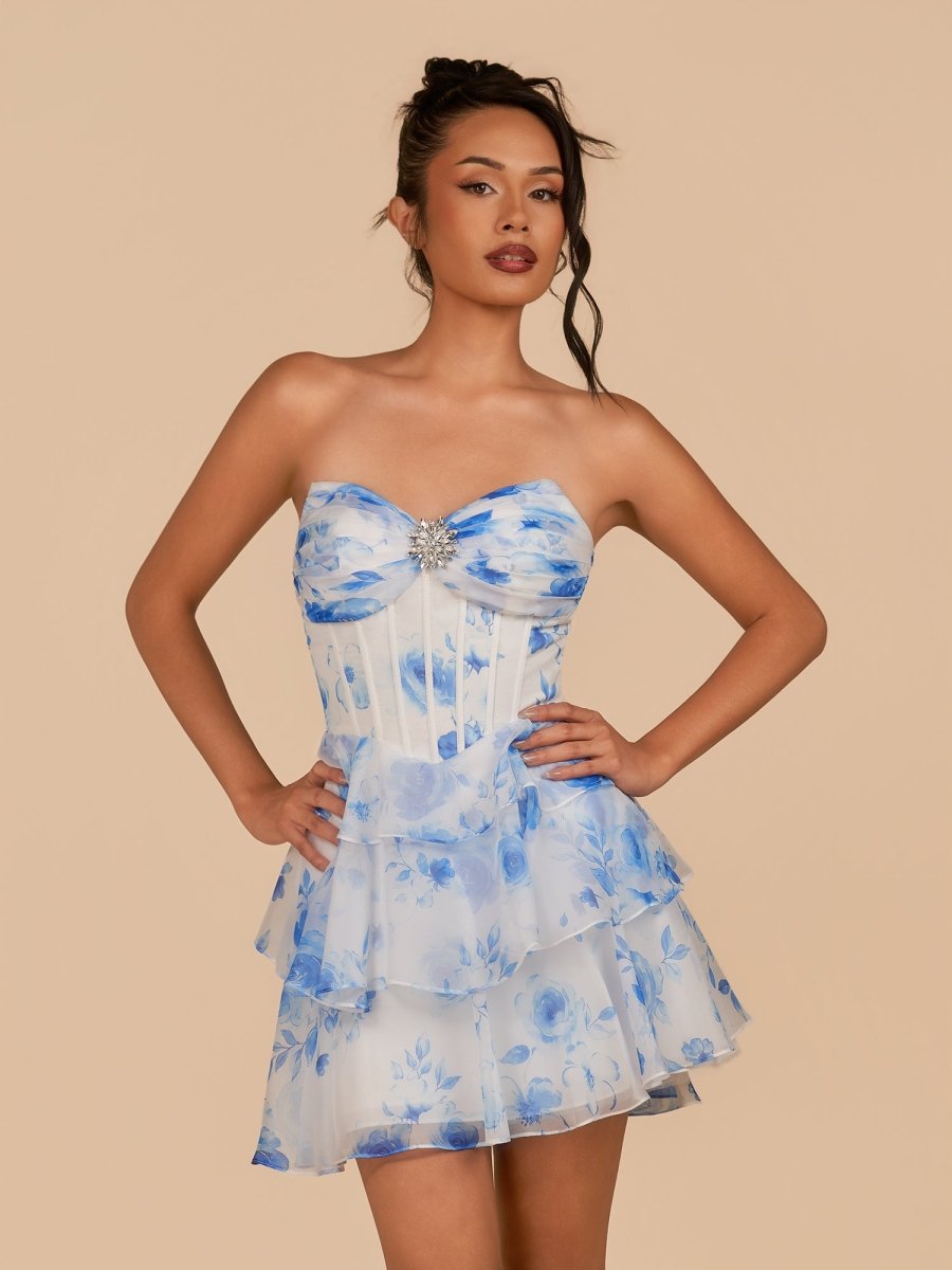 Sevoba|Blue - A Line Strapless Floral Chiffon Homecoming Dress with Beads