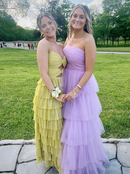 Curitis | Spaghetti Straps Yellow Keyhole Tiered Ruffle Long Formal Dress