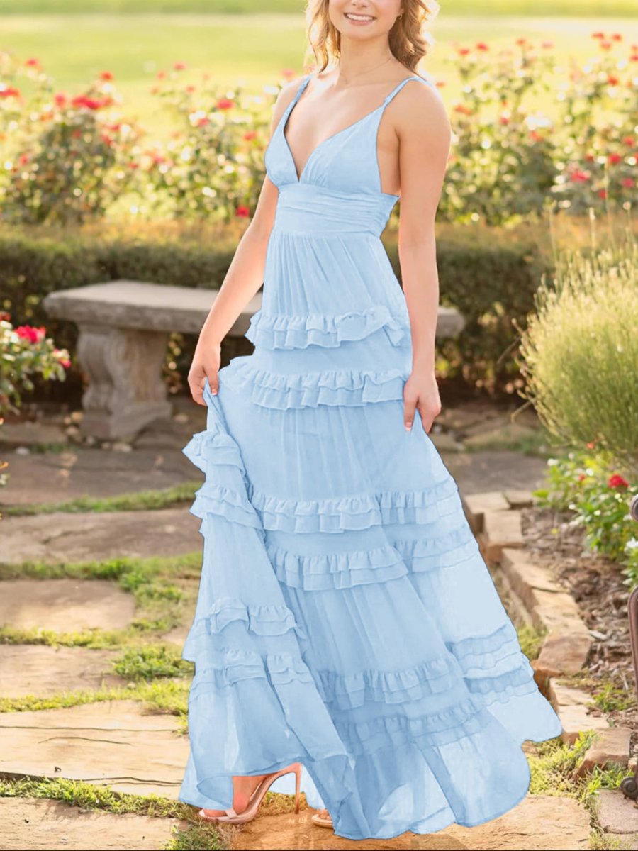 Decebal | A Line Pink Chiffon Tiered Ruffles Long Prom Dress