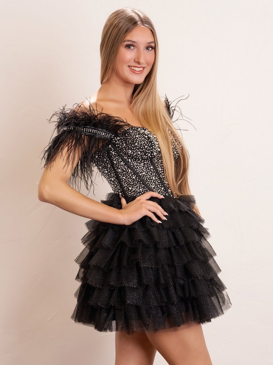 Sevoba|A Line Off the Shoulder Beaded Homecoming Dress with Feathers