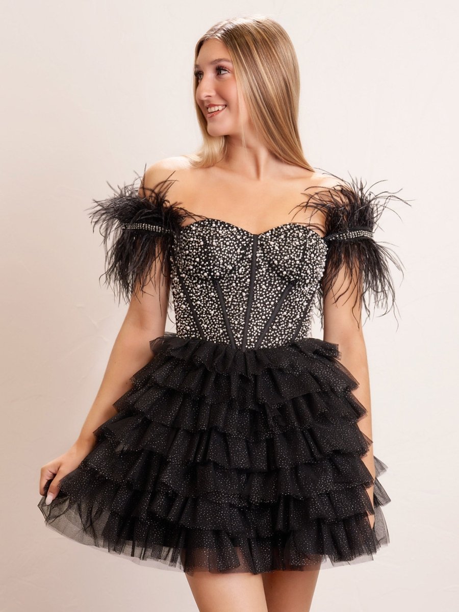 Sevoba|A Line Off the Shoulder Beaded Homecoming Dress with Feathers