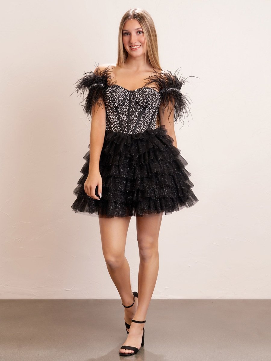 Sevoba|A Line Off the Shoulder Beaded Homecoming Dress with Feathers