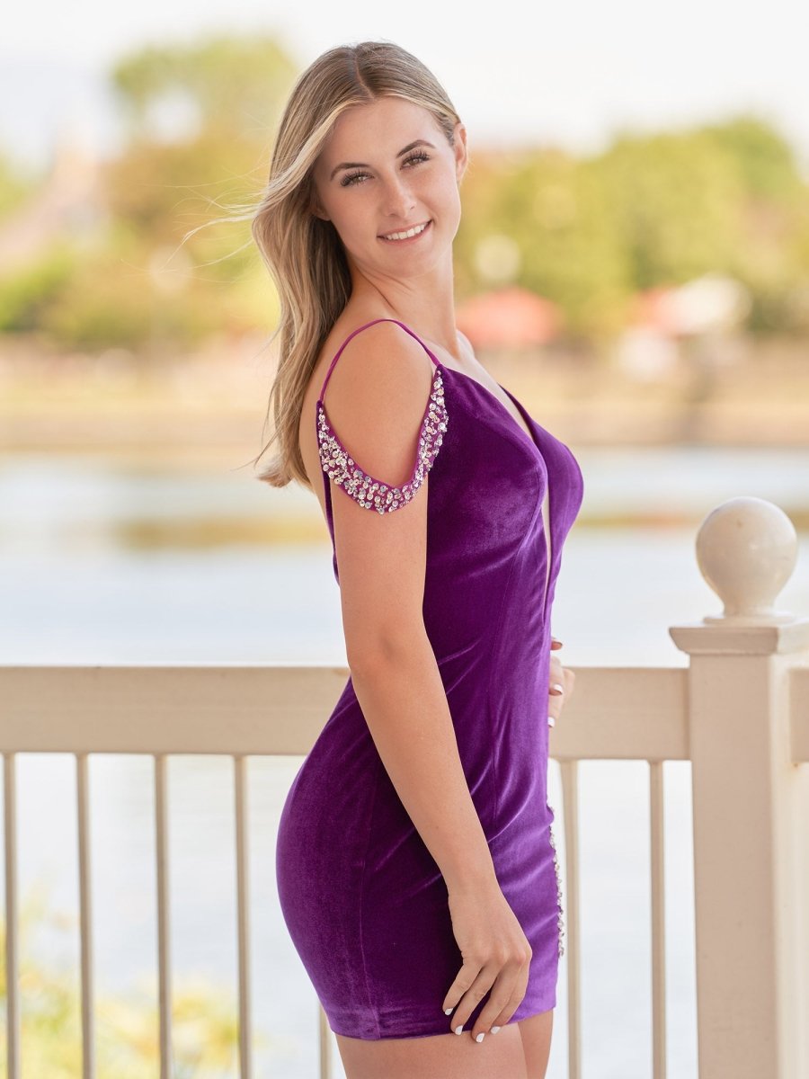 Sevoba|Bodycon Velvet Deep V-Neck illusion Purple Beaded Homecoming Dress