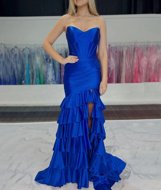 Mermaid Strapless Satin Ruffle Long Prom Dress With Split
