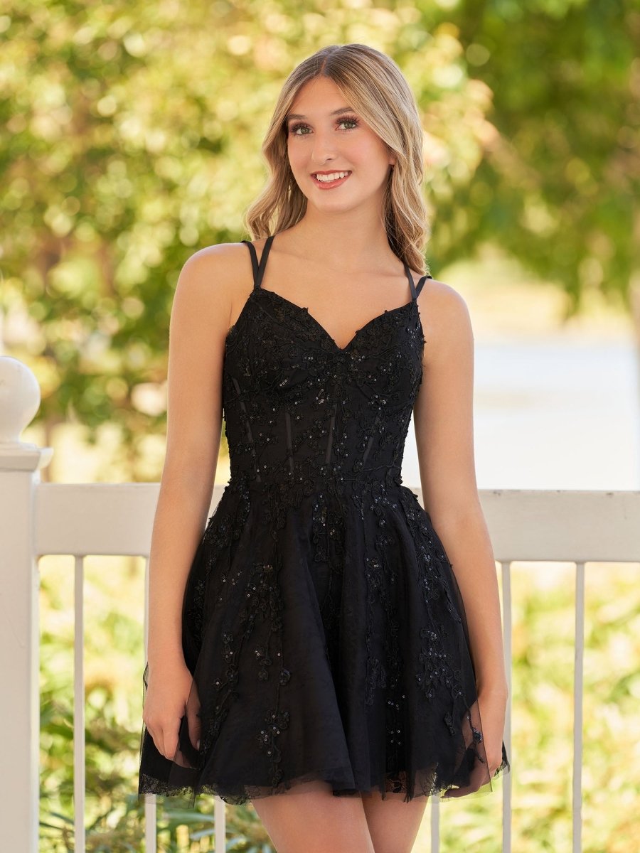Sevoba|A-Line Lace Spaghetti-Straps Black short Homecoming Dress