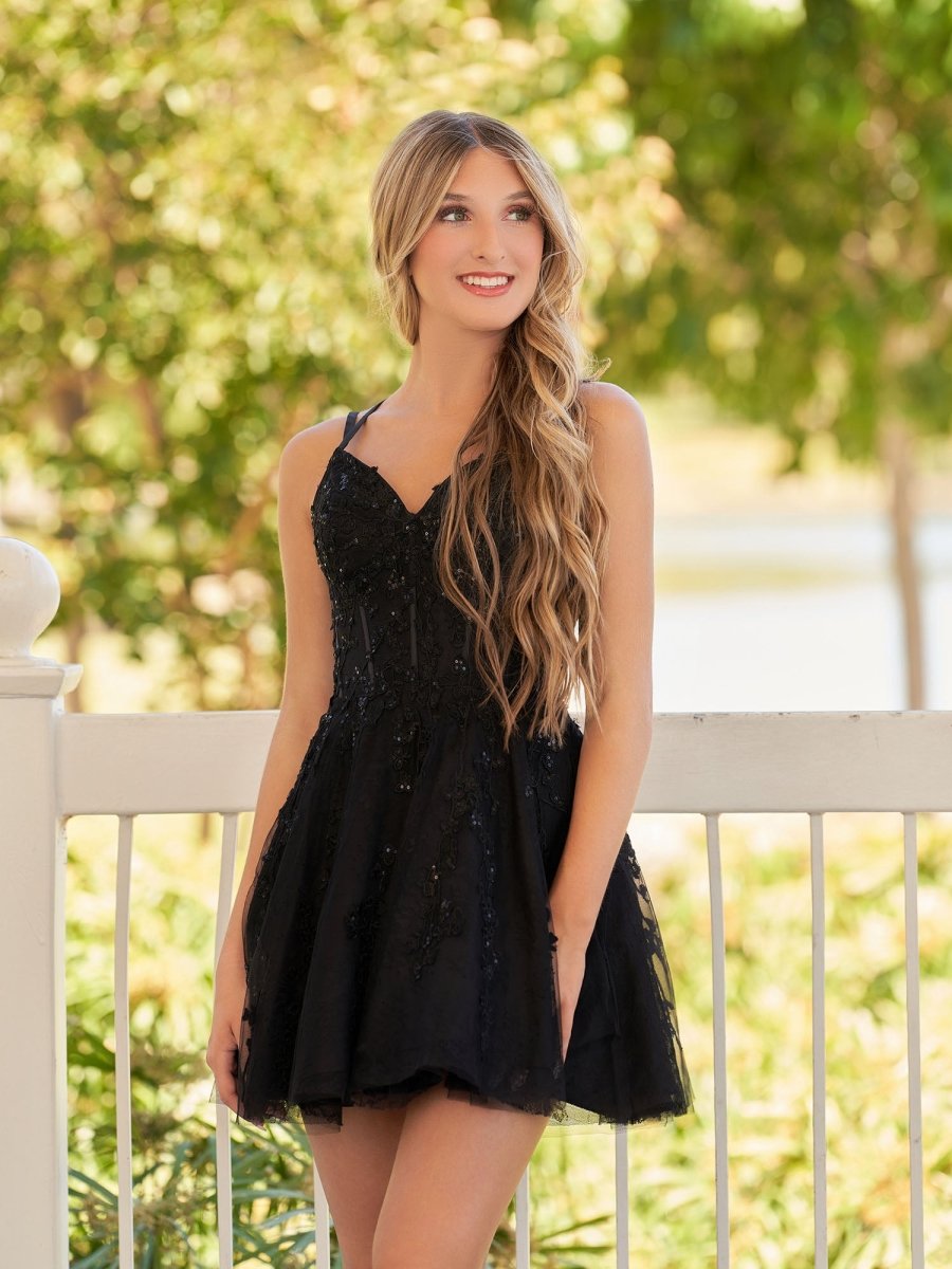 Sevoba|A-Line Lace Spaghetti-Straps Black short Homecoming Dress