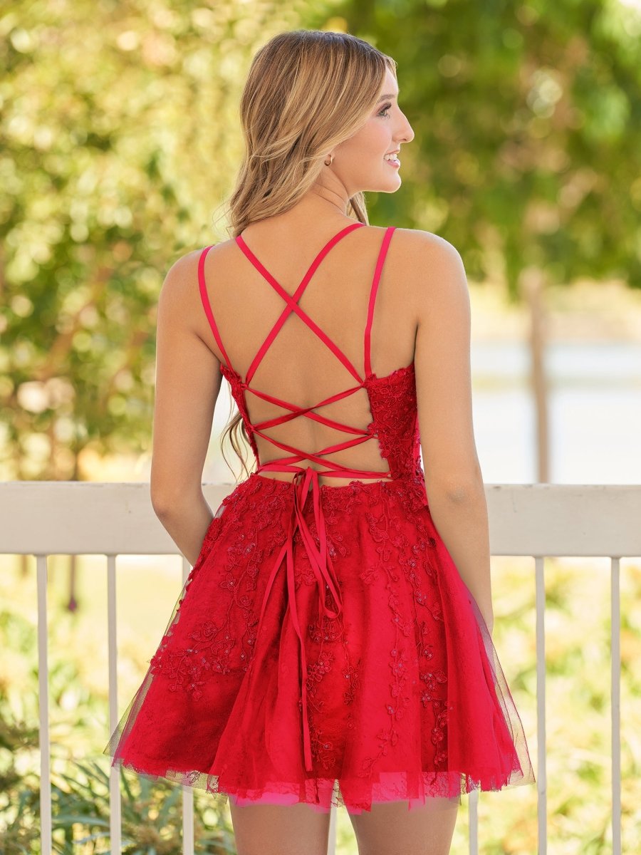 Sevoba|A-Line Lace Spaghetti-Straps Black short Homecoming Dress