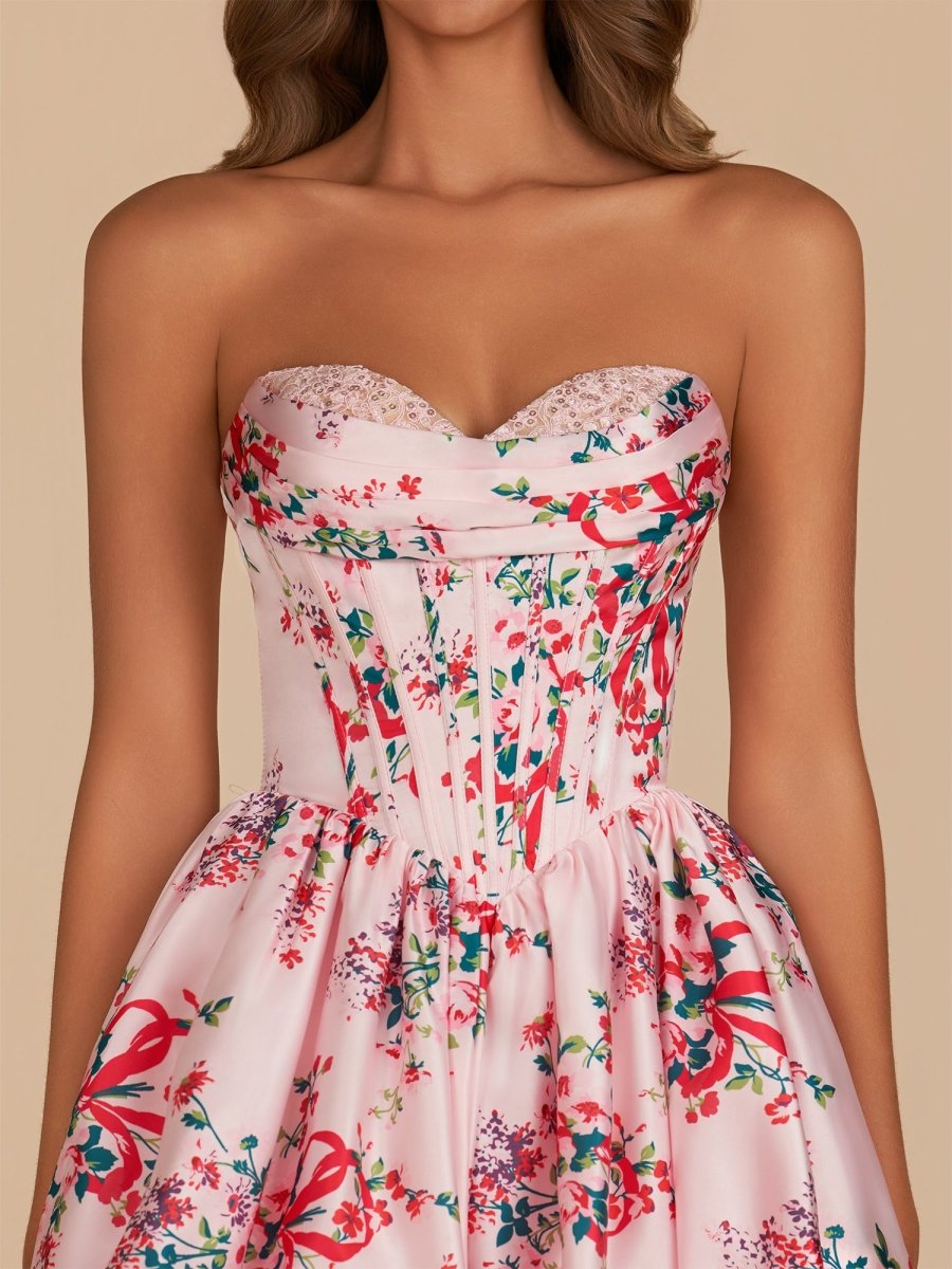 Sevoba|Pink - A Line Sweetheart Floral Satin Bubble Hem Homecoming Dresses with Sequins