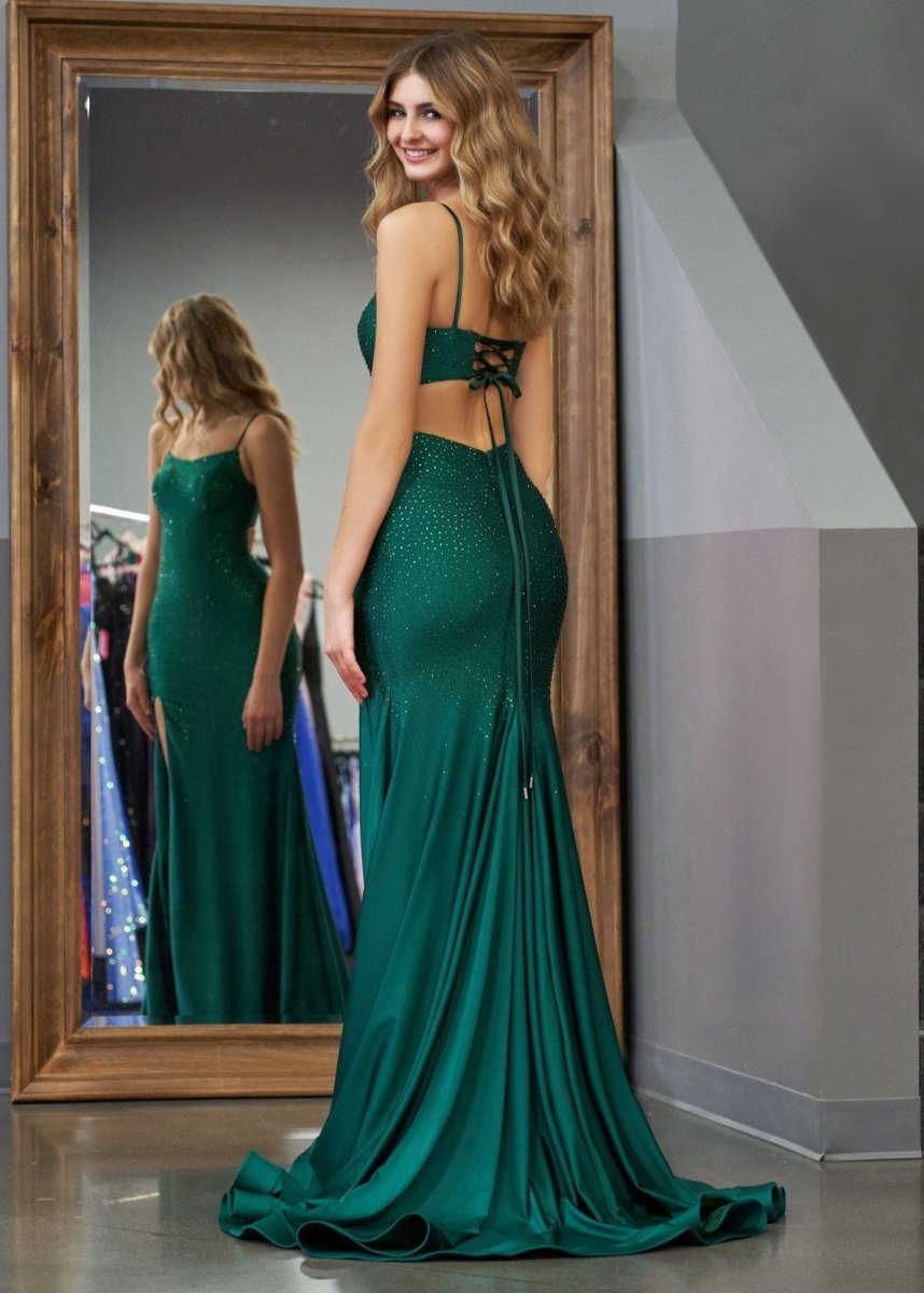 Sevoba|Mermaid Spaghettti Strap Beaded Satin Prom Dress with Slit