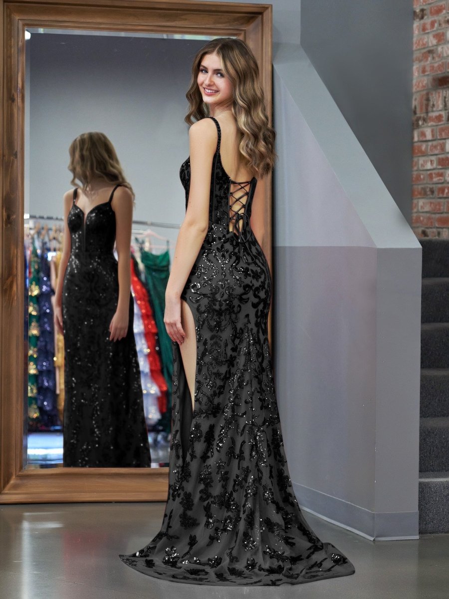 Sevoba|Sparkly Blue Sheath Sequins Long Prom Dress with Slit