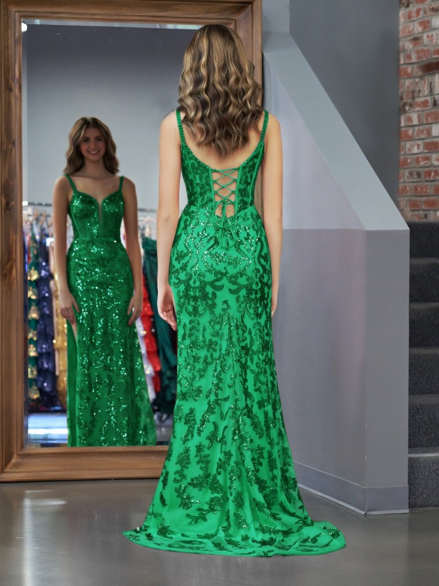 Sevoba|Sparkly Blue Sheath Sequins Long Prom Dress with Slit