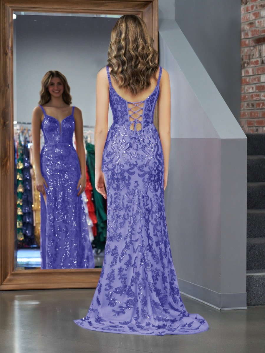 Sevoba|Sparkly Blue Sheath Sequins Long Prom Dress with Slit