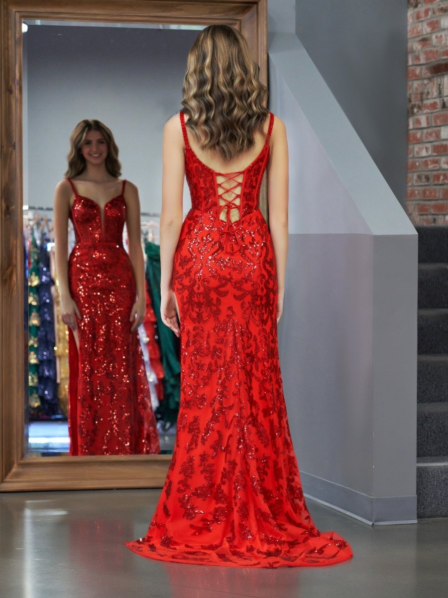 Sevoba|Sparkly Blue Sheath Sequins Long Prom Dress with Slit