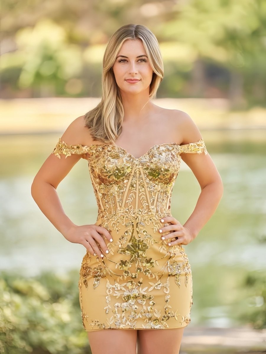 Sevoba|Short Off the Shoulder Sheath Gold Kace Corset Homecoming Dresses