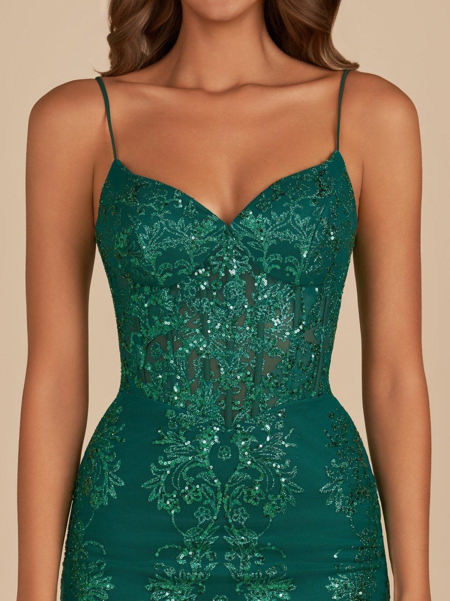 Sevoba|Dark Green - Bodycon V Neck Sequined Corset Short Homecoming Dresses