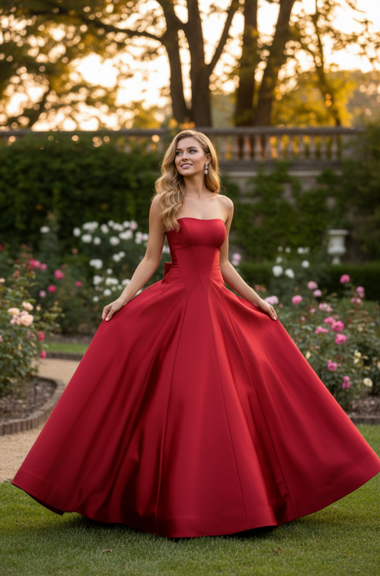 Sevoba|Classic Red A Line Sweetheart Satin Long Prom Dress With Bow Back