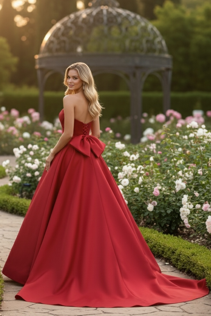 Sevoba|Classic Red A Line Sweetheart Satin Long Prom Dress With Bow Back