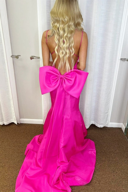 Evynn | Hot Pink V-Neck Bow-Back Trumpet Long Gown