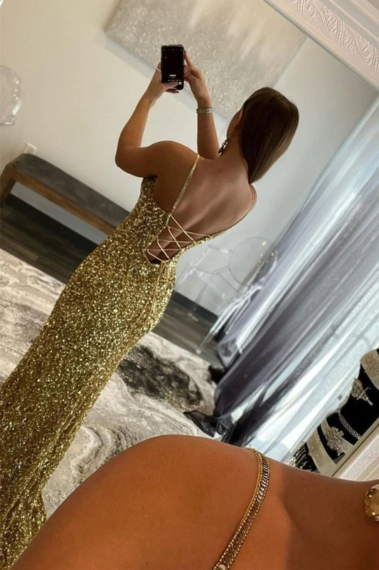 Arlene | Charming Mermaid V Nekc Gold Sequins Long Prom Dresses with Slit