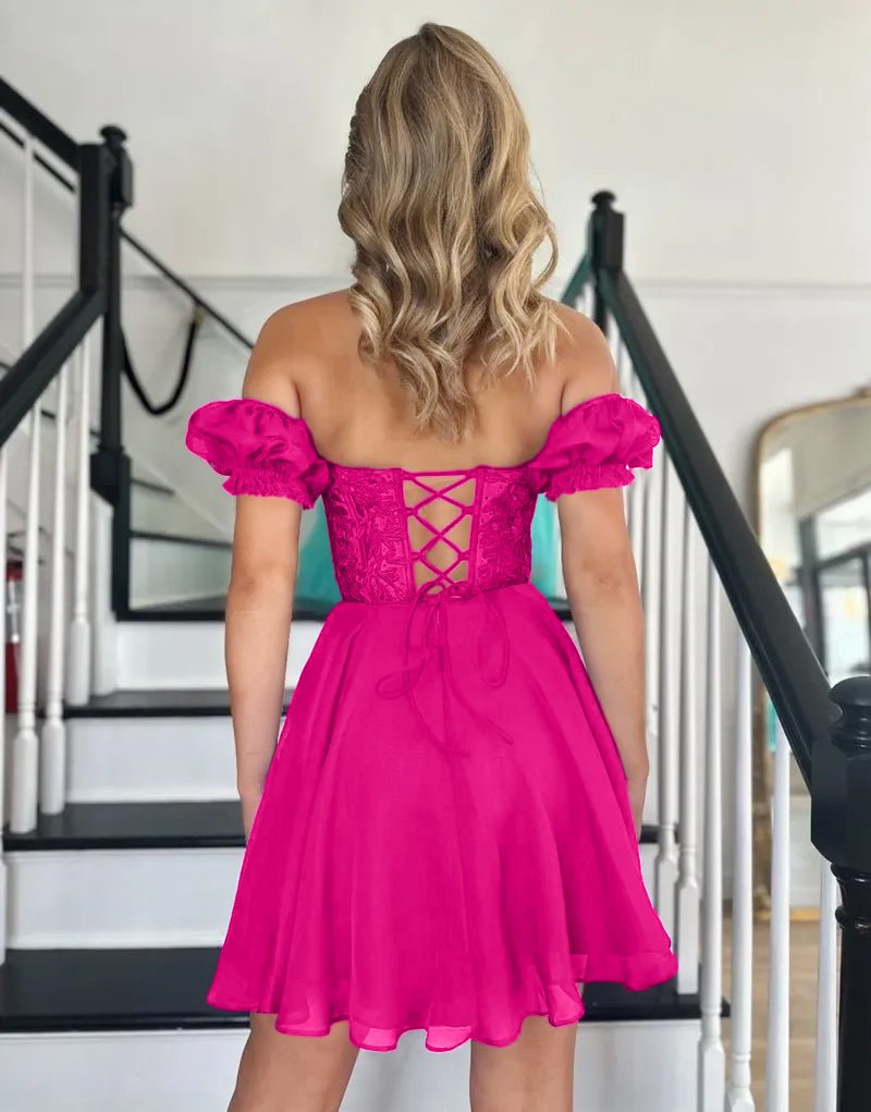 Lavinia |A Line Lace Off the Shoulder Homecoming Dress with Appliques