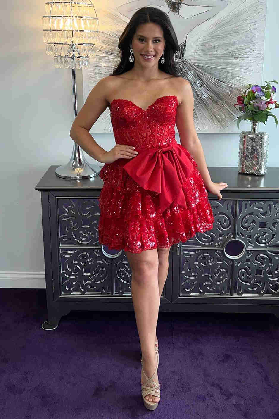 Sevoba | Red - Corset Sequin Appliques Short Party Dress with Bow
