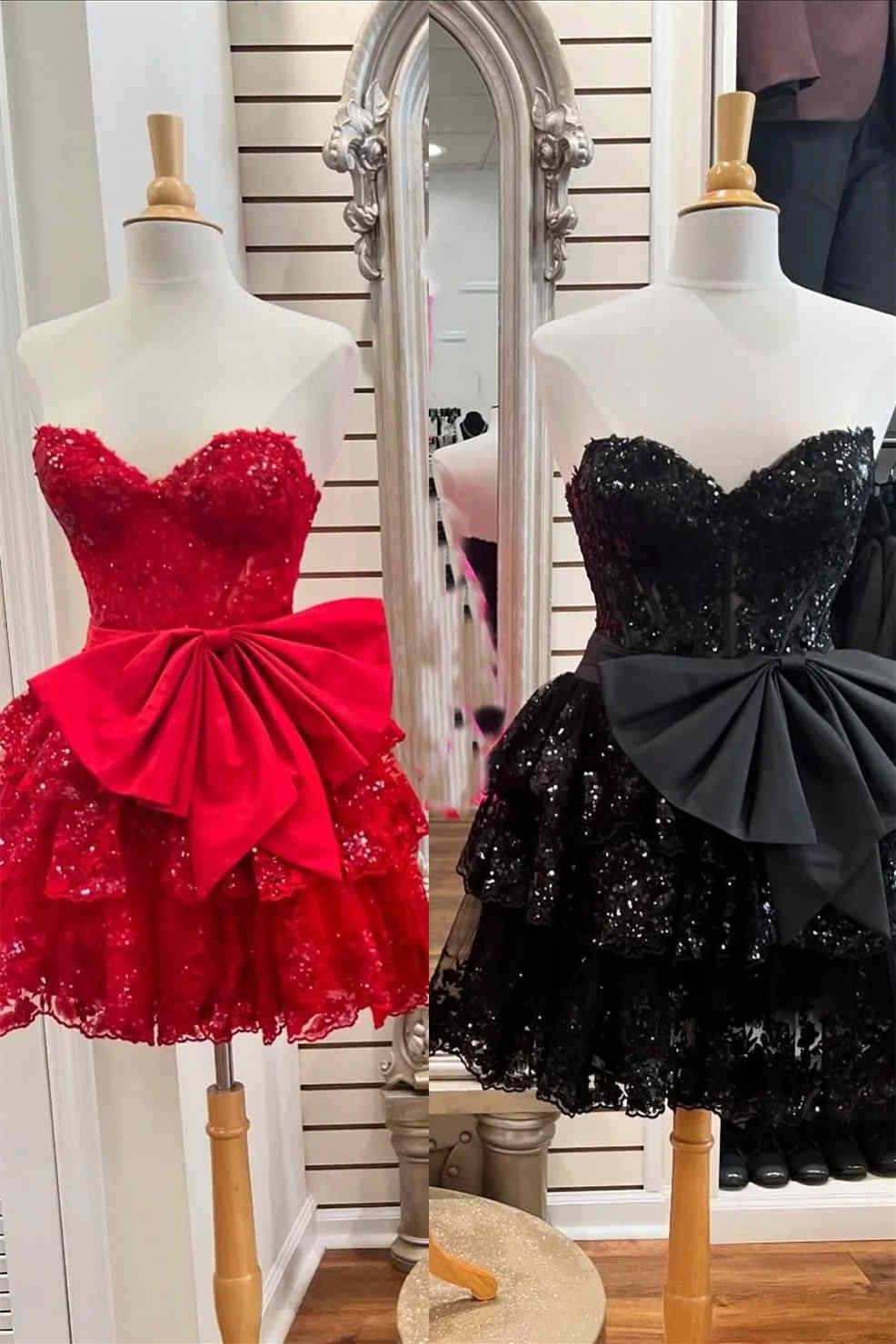 Sevoba | Red - Corset Sequin Appliques Short Party Dress with Bow