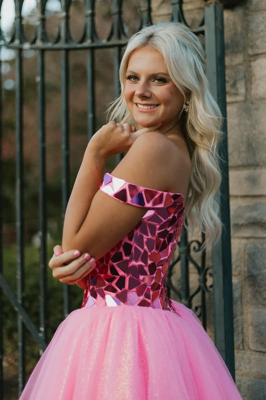 Glitter Pink Off the Shoulder A-Line Tulle Short Homecoming Dress