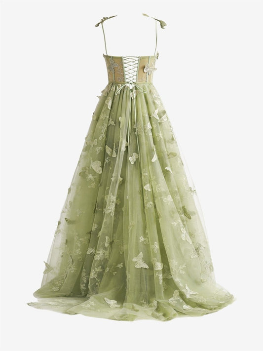 Green A-line Butterfly Lace Lilac Corset Prom Dress with Slit