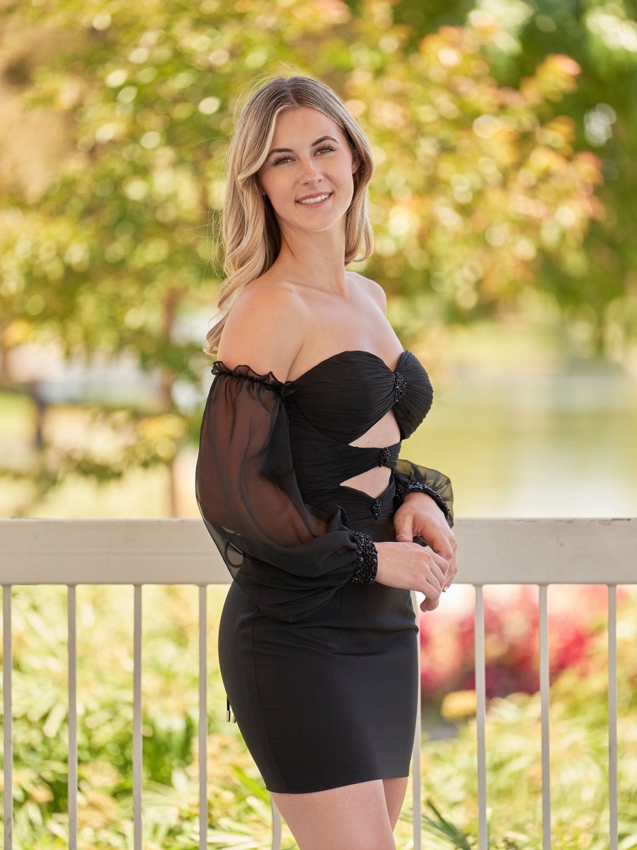 Sevoba|Black Off-the-Shoulder Keyhole Short Homecoming Dress with Balloon Sleeves