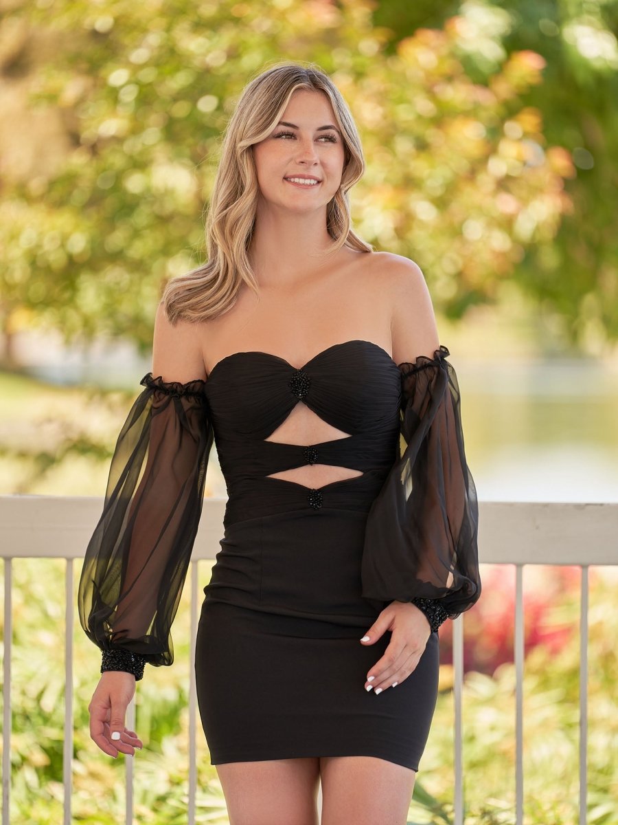 Sevoba|Black Off-the-Shoulder Keyhole Short Homecoming Dress with Balloon Sleeves