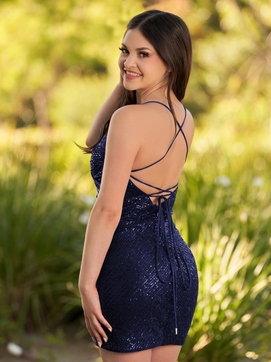 Sevoba|Black Sequin Lace Up Short Tight Homecoming Dress