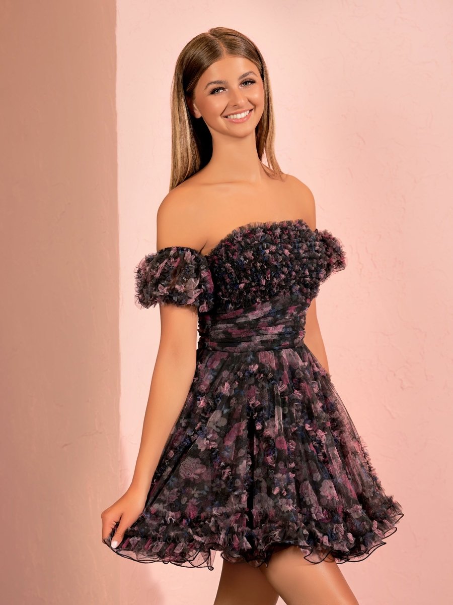 Sevoba|A-line Printed Tulle Blue Ruffles Homecoming Dress With Puff Sleeves
