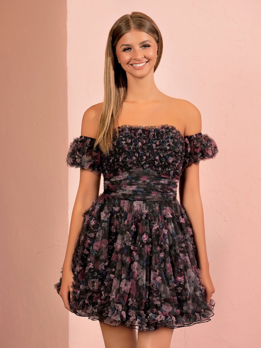 Sevoba|A-line Printed Tulle Blue Ruffles Homecoming Dress With Puff Sleeves