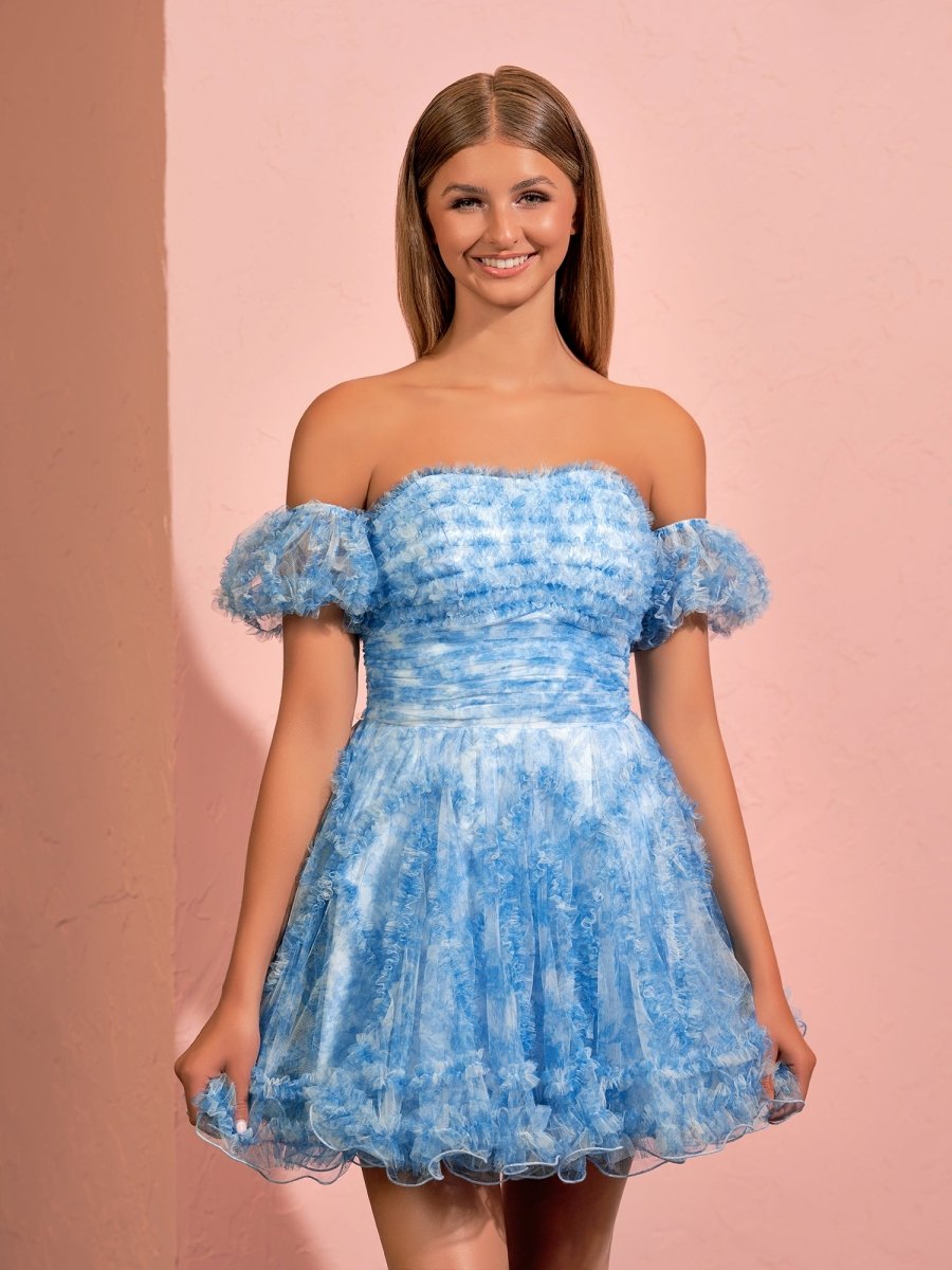 Sevoba|A-line Printed Tulle Blue Ruffles Homecoming Dress With Puff Sleeves