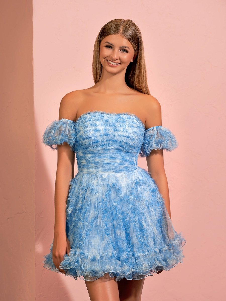 Sevoba|A-line Printed Tulle Blue Ruffles Homecoming Dress With Puff Sleeves