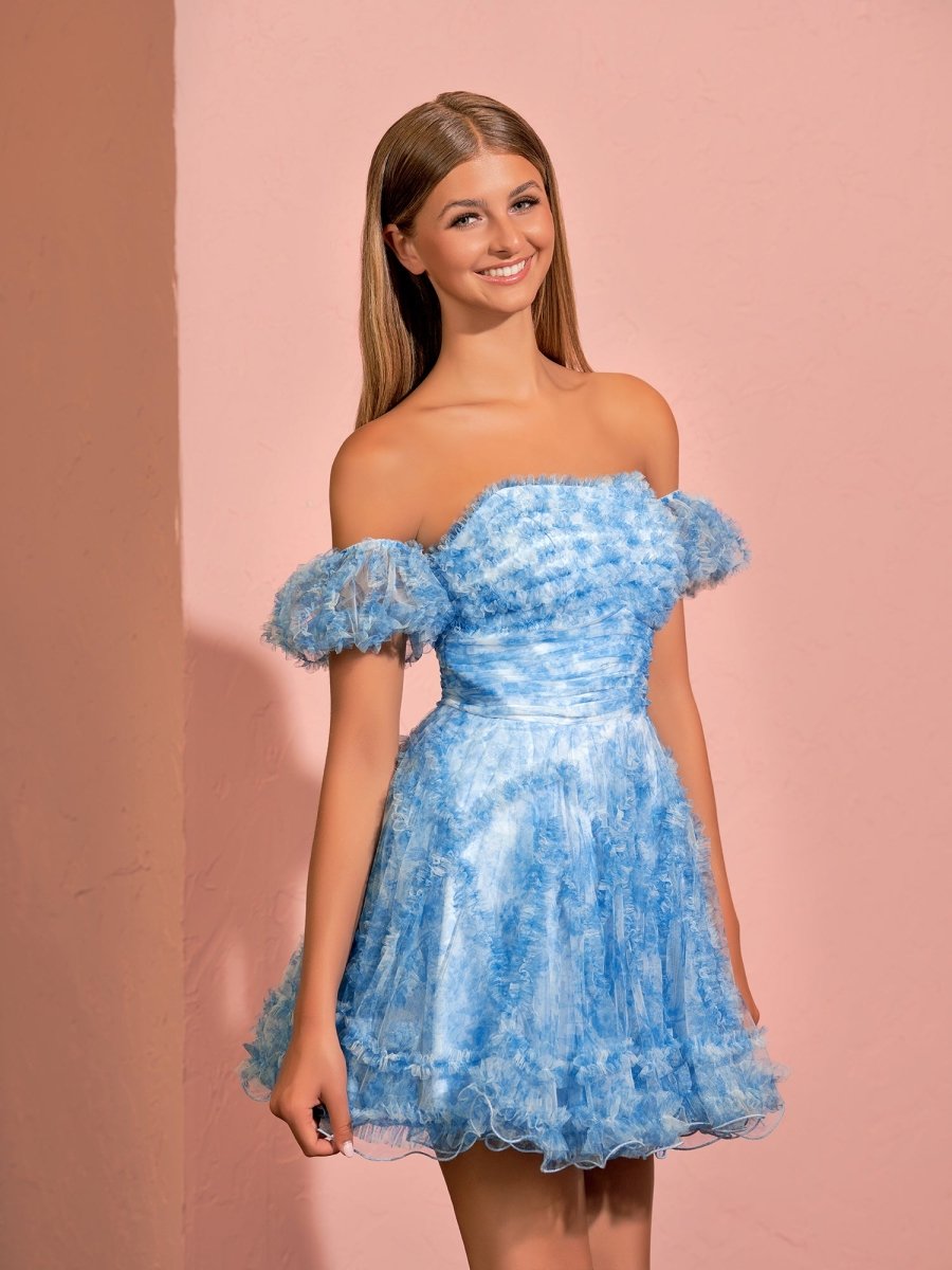 Sevoba|A-line Printed Tulle Blue Ruffles Homecoming Dress With Puff Sleeves