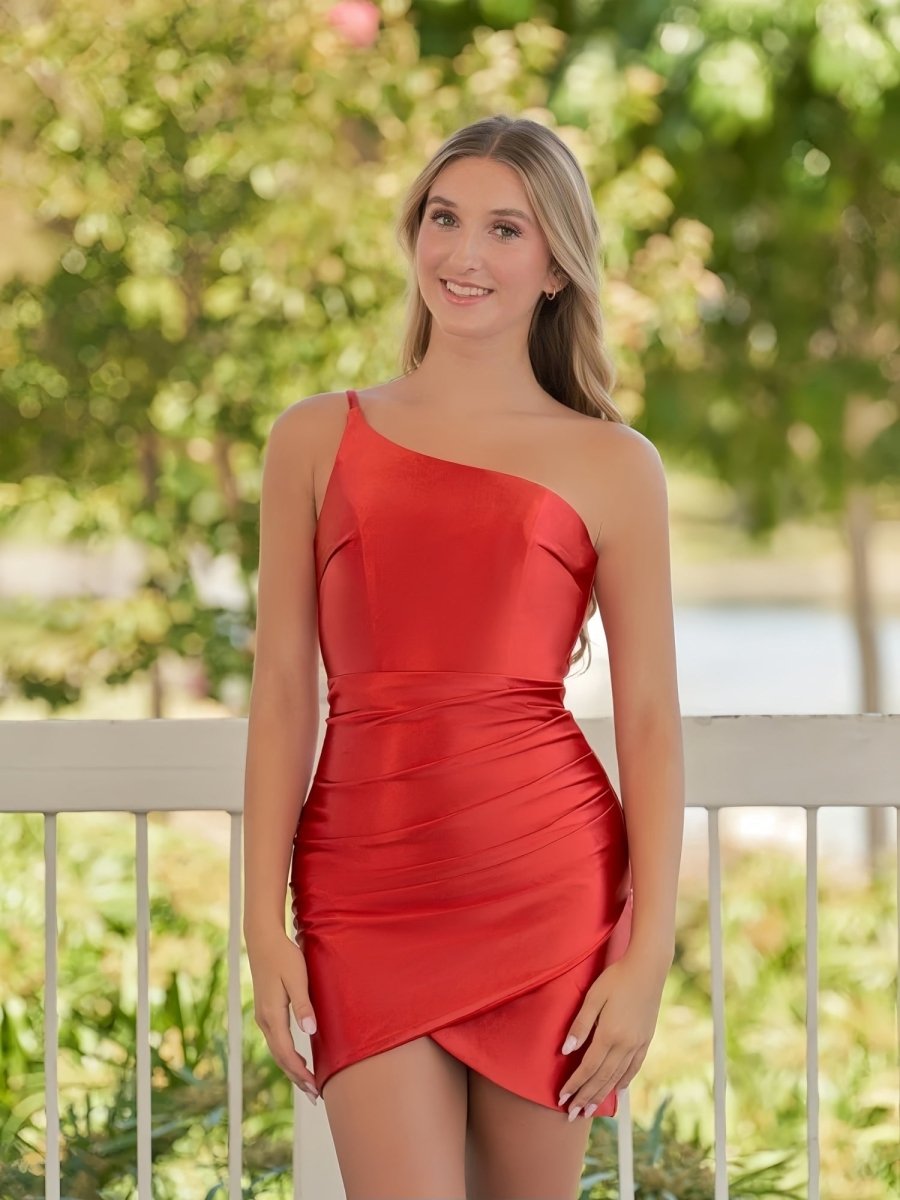 Sevoba|Sheath Red One Shoulder Satin Tight Homecoming Dress