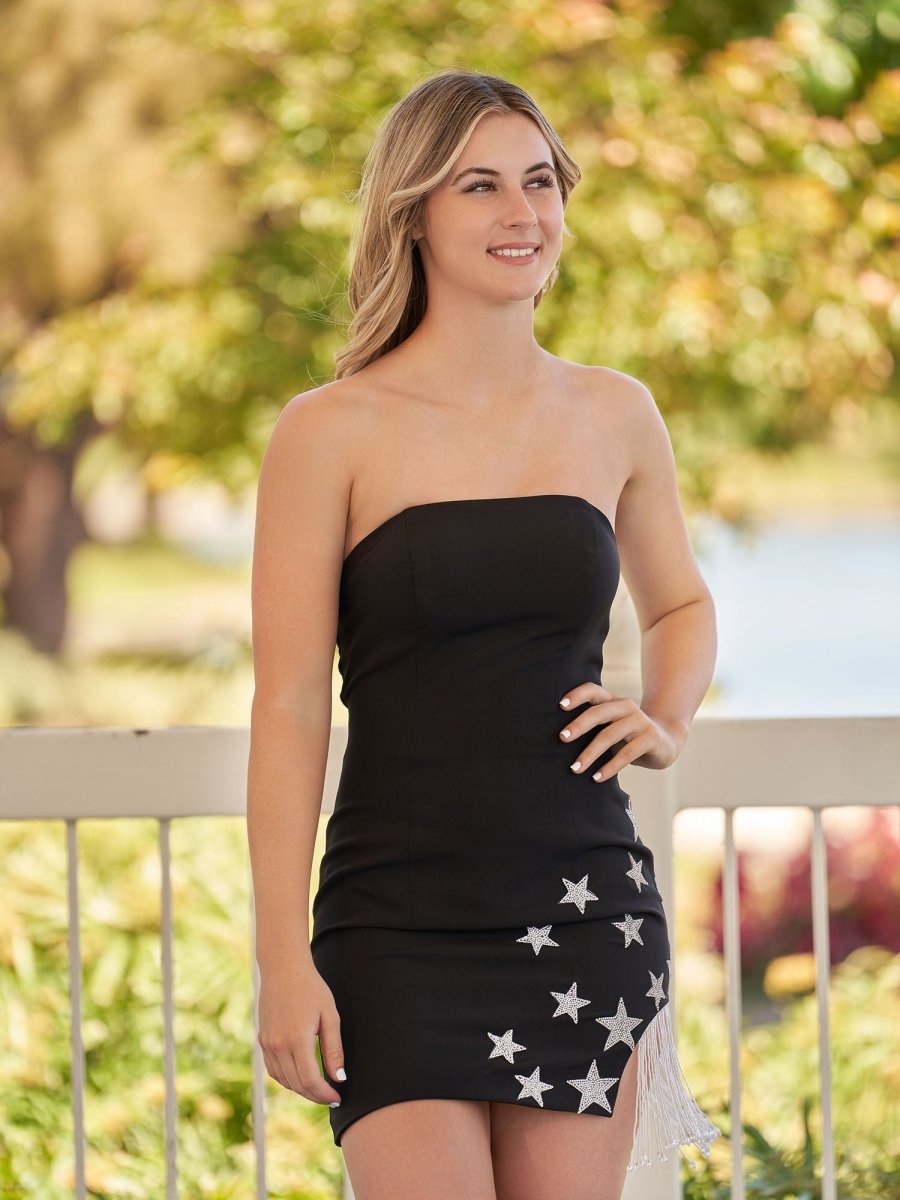 Sevoba|Sheath Black Strapless Satin Homecoming Dress With Star