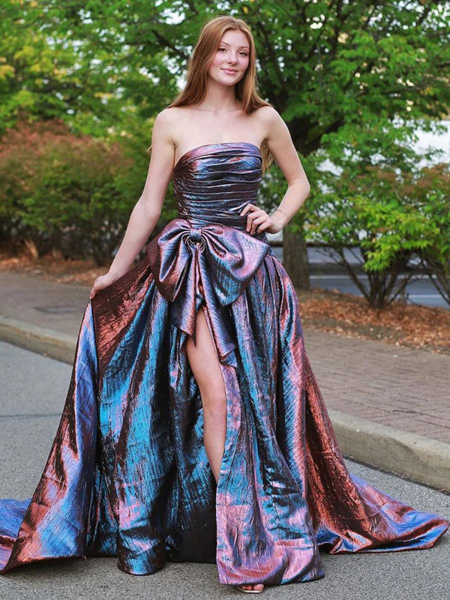 Fuchsia Strapless A-Line Long Prom Dress With Bow