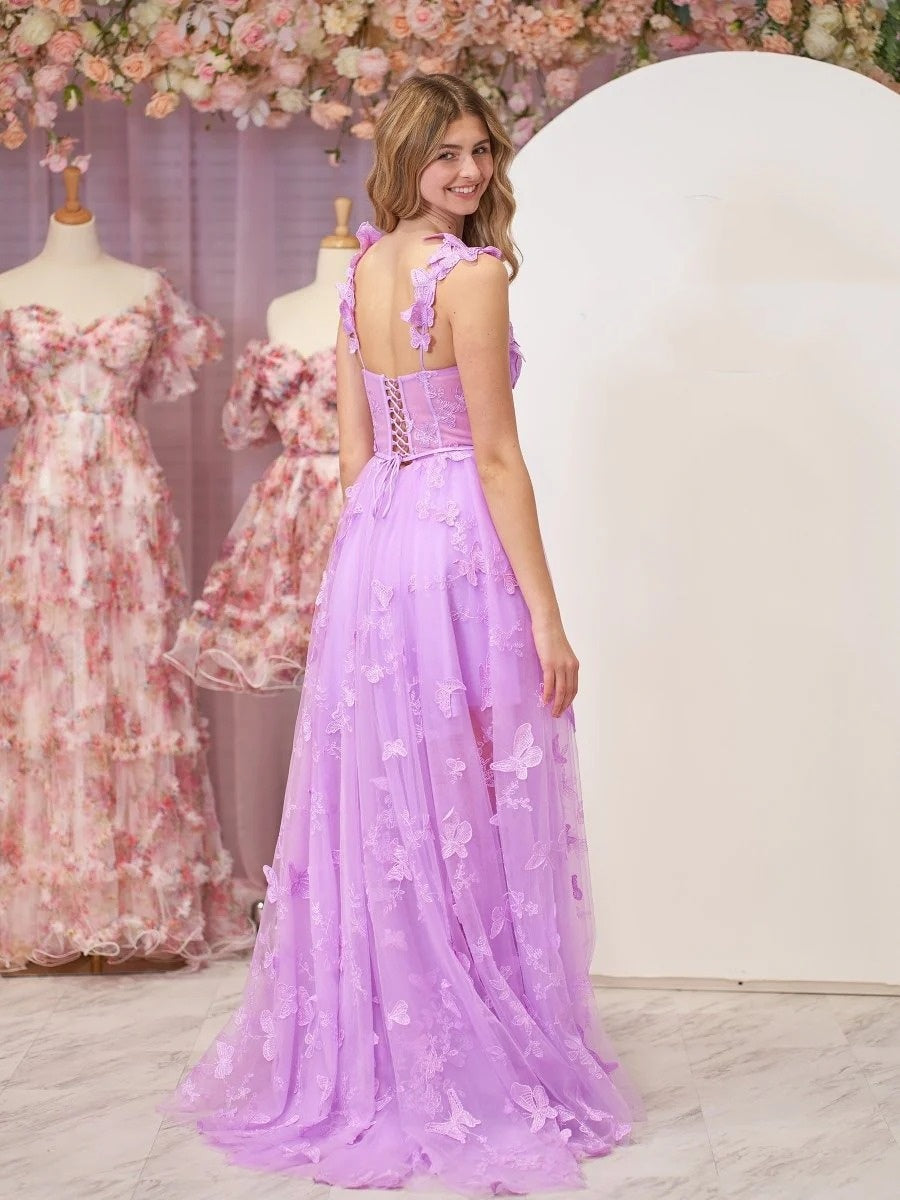 Sevoba|Lilac A-line Butterfly Lace Lilac Corset Prom Dress with Slit