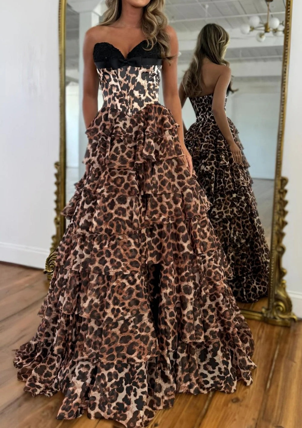 Brown Leopard Print Strapless Prom Dress with Black Satin Bodice and Tiered Ruffles